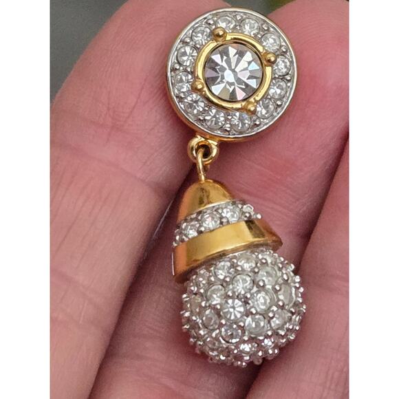 Vintage Signed Swarovski Gold Tone Earrings Dangle Pave Crystal Balls Clip On - Picture 6 of 8